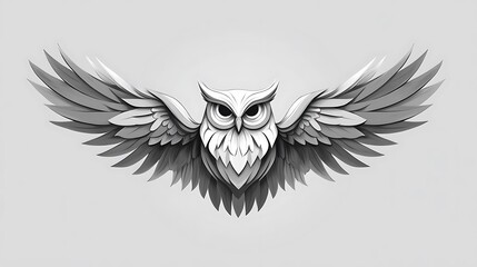 Obraz premium Owl illustration made from basic circular shapes, with simple curved lines to define the wings and head, set against a solid grey background. Negative space usage, no internal details,