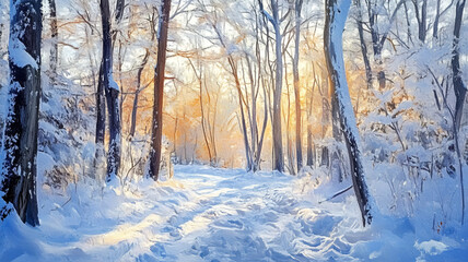 Sunlight breaks through snow-covered trees during the winter solstice in a tranquil forest