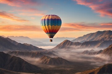 Fototapeta premium Colorful Hot Air Balloon Soaring Over Misty Mountains at Sunrise