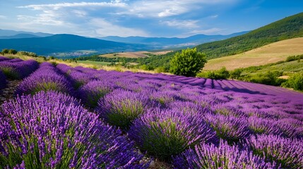Naklejka premium Breathtaking aerial view of a vast lavender field in full bloom creating a serene and tranquil landscape with its vibrant purple hues and rolling hills