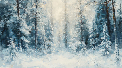 A serene winter solstice in a snow-covered forest with tall trees and soft light glowing through