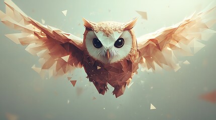 Owl illustration using triangles and squares, featuring a triangular head and wings, square eyes and body, set against a soft pastel background. Smooth edges, no shading or textures, hd quality,