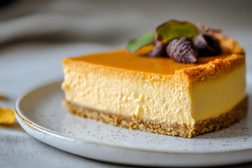 Pumpkin cheesecake with chocolate topping on a plate.