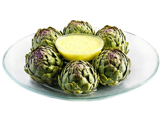 Obraz premium Artichokes steamed and served with a lemon butter sauce served in a transparent glass dish