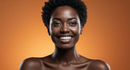 Fototapeta premium Black woman with deep set eyes and short natural hair smirking orange gradient background