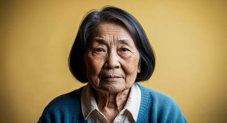 Elderly Asian woman with sunken cheeks and short bob serious warm yellow background