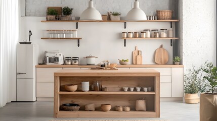 A Scandinavian kitchen with a wooden island, minimalist open shelving, and neutral decor