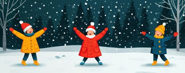 Merry Christmas 2025, joyful children playing in the snow, happiness and laughter, flat design illustration