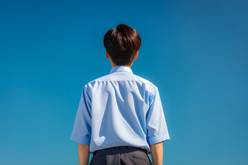 Rear View of Schoolboy Against Blue Sky.