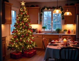 Obraz premium A decorated Christmas tree in a modern kitchen with white cabinets and wooden countertops, floor wooden, lights