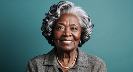 Elderly Black woman with gentle smile and silver curls serious teal background