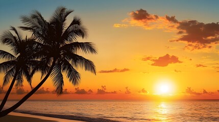 Obraz premium Captivating tropical sunset scene with dramatic silhouettes of swaying palm trees against a vibrant golden sky and serene ocean backdrop perfect for travel vacation and relaxation themed designs