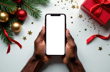 Top view: hands of an African American man lying on a white table, holding a smartphone with a blank white screen. Around him are New Year and Christmas decorations: fir branches, red and gold balls