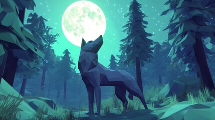 Geometric low-poly style wolf howling at a full moon in a forest scene. 