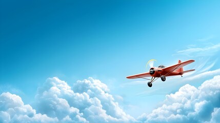 Vintage biplane aircraft gracefully flying through a clear blue sky filled with fluffy white clouds in a serene panoramic aerial landscape