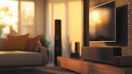 Cozy living room with a TV and sound system, bathed in warm sunset light.