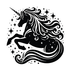 A black and white illustration of a unicorn surrounded by stars and flowers, showcasing a whimsical and enchanting scene.