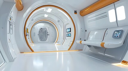 Detailed 3D rendered interior of a futuristic cutting edge space station featuring a complex modern architectural design with advanced technological elements geometric patterns and a minimalist