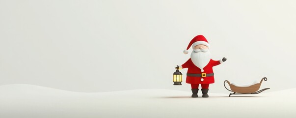 A cheerful Santa Claus stands with a lantern by his sleigh in a snowy landscape, evoking a festive holiday spirit.