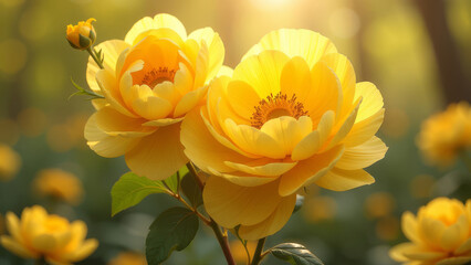 Fototapeta premium Bouquet of yellow peonies with rays of sun.