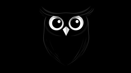 Naklejka premium Owl with only the outline of wings, circular eyes, and a simple triangular beak, set against a solid black background. High contrast, clean and precise lines, no additional details or shading,
