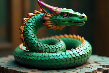 Obraz premium Lunar Chinese Calendar 2025, Close-up of green wooden snake. Carved from wood and painted, intricate details. Symbol of 2025, emphasizing wisdom, flexibility, intelligence and hard work - AI