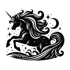 A black and white illustration of a unicorn surrounded by stars and flowers, showcasing a whimsical and enchanting scene.