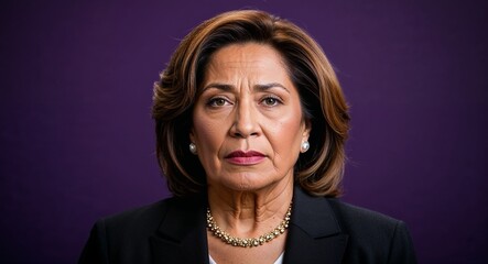 Middle aged Latino woman with pronounced chin and layered brown hair serious dark purple background