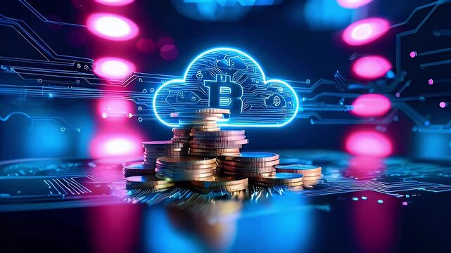 Bitcoin cryptocurrency symbol inside a glowing cloud, stacked coins, circuit board, and neon pink and blue bokeh lights in background.