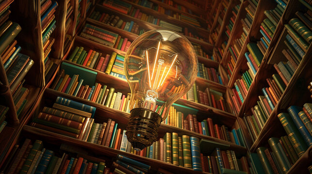 A glowing light bulb placed among stacks of colorful books, symbolizing knowledge, creativity, and the spark of ideas in a library setting.
