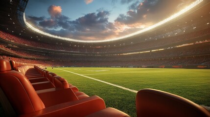 VIP stadium seating in leather, field-level perspective, emphasizing luxury and exclusivity for high-profile sports events and hospitality marketing brochures