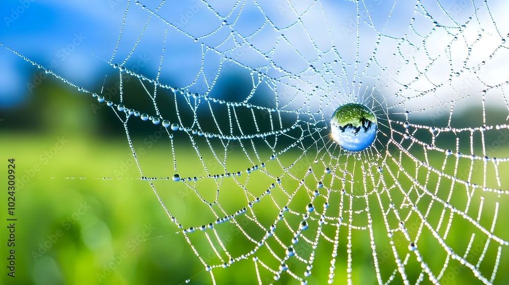 Wall mural stunning macro shot of a delicate spider web covered in dew drops illuminated by soft morning light 