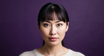 Fototapeta premium Young Asian woman with wide forehead and straight bangs focused dark purple background