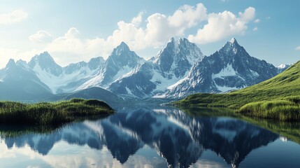 Tranquil mountain lake with snow-capped peaks reflected in still water.