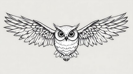 Obraz premium Simplified owl design using only the outlines of the wings, large circular eyes, and a small triangular beak, set against a light grey background. Clean linework, flat colors, no additional details,