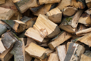 A close-up of stacked chopped firewood logs with visible bark and wood grain, ready for burning or outdoor storage.
