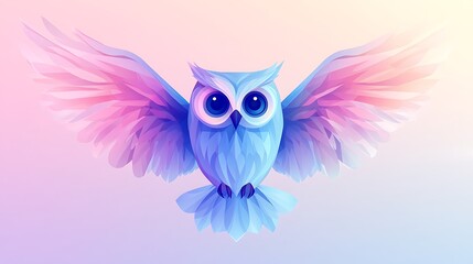Simplified owl design with just the outline of wings and large circular eyes, small triangular beak, set against a light gradient background. Smooth and clean layout, flat colors, no shading,