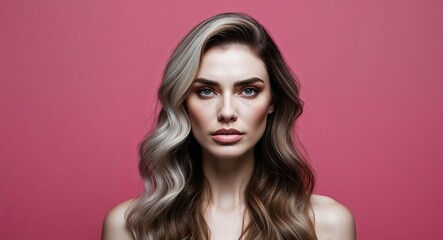 Fototapeta premium Young white woman with defined cheekbones and long blonde hair surprised yellow gradient background