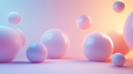 A collection of glossy spheres float in a soft, pastel gradient background.