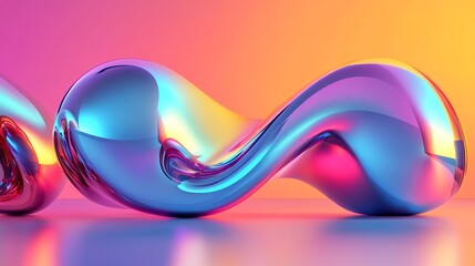Abstract 3D rendering of a metallic, iridescent,  S-shaped form with a vibrant pink and orange gradient background.