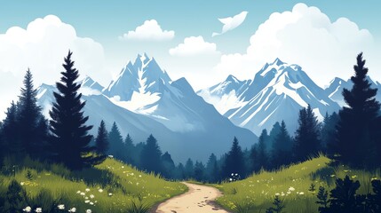 Fototapeta premium A winding path leads through a green meadow towards snow-capped mountains.