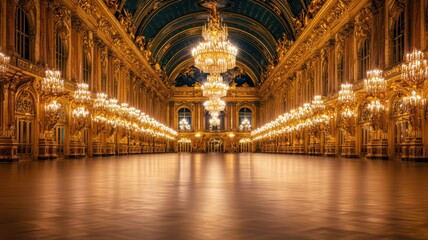 an empty opulent hall featuring grand chandeliers, large ornate mirrors, and gold-trimmed walls.