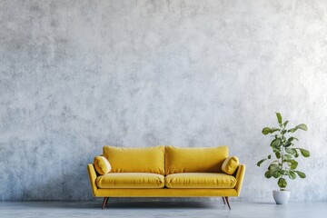 Modern Minimalist Living Room Interior With Yellow Sofa and Green Chair