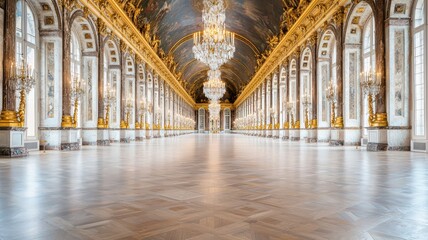Fototapeta premium an empty opulent hall featuring grand chandeliers, large ornate mirrors, and gold-trimmed walls.
