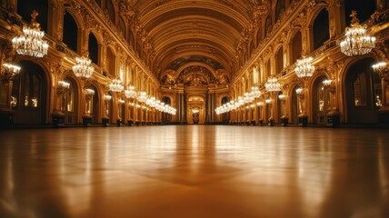 an empty opulent hall featuring grand chandeliers, large ornate mirrors, and gold-trimmed walls.