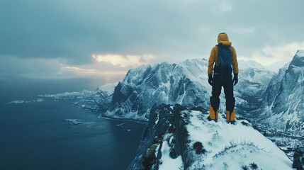 A hiker in a yellow jacket stands atop a snowy mountain, admiring the sunrise over a serene Arctic landscape and frozen fjords.
