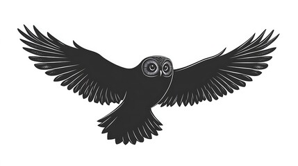 Fototapeta premium Simplified owl in flight silhouette with sweeping wing lines, rounded head, and curved body, set against a solid white background. Strong contrast, focus on form and symmetry, no textures,