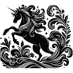 A black and white illustration of a unicorn surrounded by stars and flowers, showcasing a whimsical and enchanting scene.