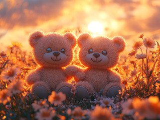 Fototapeta premium a cheerful scene of two teddy bears, one brown and one yellow, sitting on a bed of flowers under a blue sky.
