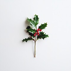 Fototapeta premium A single holly branch with vibrant red berries against a clean white background, perfect for holiday decor and seasonal design projects.